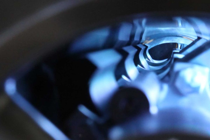 Detail view inside a Sulzer evaporator illuminated in blue